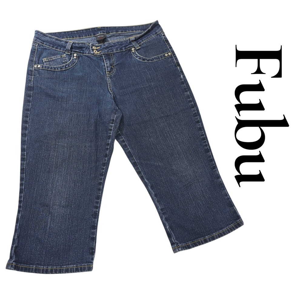 FUBU The Collection Women's Blue Denim Capris Size 13 14 Y2K Cropped Pants‎